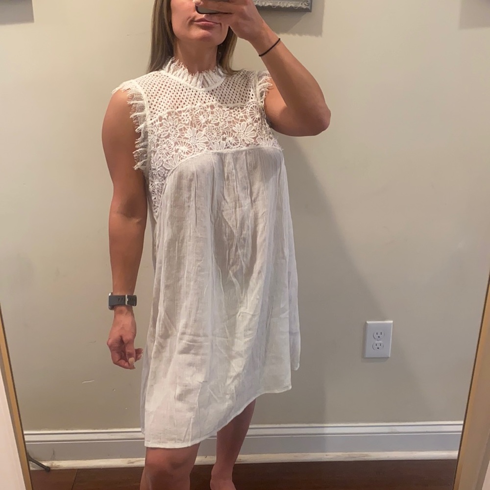 Hinge Lace & Fringe Cotton Blend Sleeveless Dress